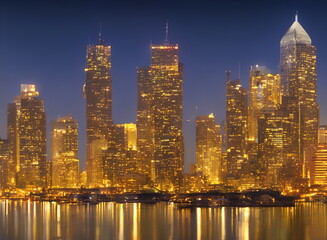 Obraz na płótnie Canvas Illustration of modern American city with skyscrapers, Generative AI
