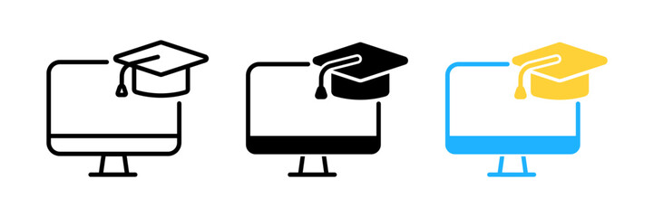 Computer monitor display and graduation cap. Online education, e-learning, online training, workshops and courses. Cartoon minimal style.