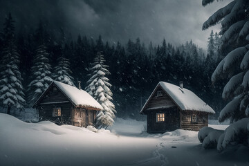Hütte in der Bergen bei einem dramatischen Schneesturm, moody