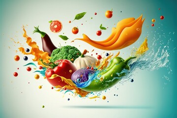 Different vegetables fly apart against the background with splashes of water. Creative photo.