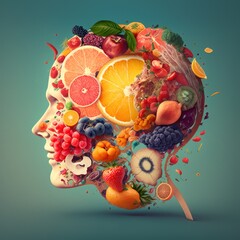 
nutritionist, human body formed by fruits and vegetables, body health, healthy head food, vegan, vegetarian, generative by AI