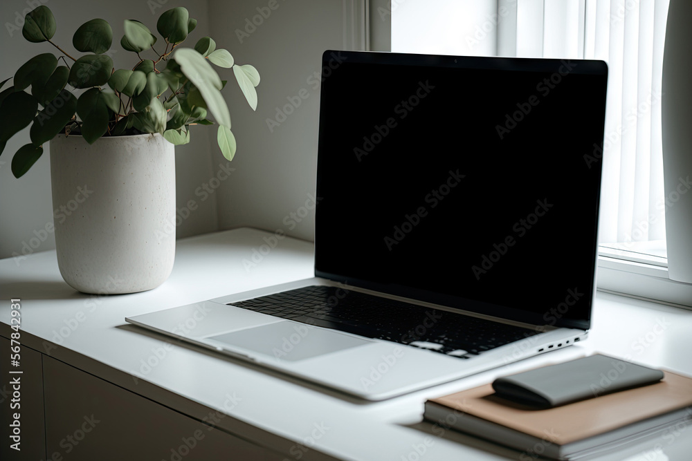 Wall mural A close up of a laptop computer with an empty screen sitting on a white desk in a home office. Generative AI