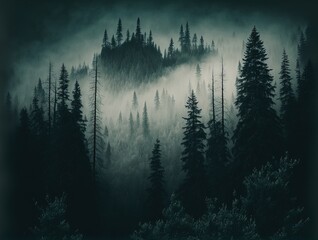 In the morning, the valley's pine forest is highly foggy, creating a spooky mood. Image with a dark tone and a retro feel. Generative AI