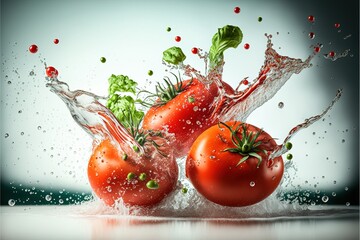 tomatoes, vegetables flying with splashes of water, creative vegetables on white background.