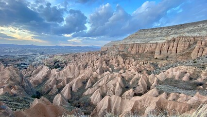 sunset landscape at sunset valley viewpoint in Cappadocia, Nevsehir, Turkey