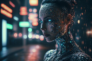 fictional person, cybernetic woman, with bright blue eyes like led, representing artificial intelligence, walking the streets at night, generated by AI