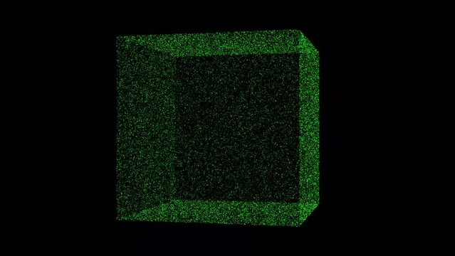 3D green cube object rotates on black background. Object consisting of flickering particles 60 FPS. Science tutorial concept. Abstract backdrop for logo, title, presentation. 3D animation.