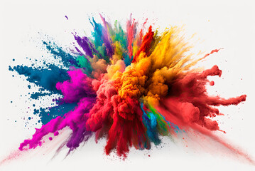 Multicolored explosion of rainbow holi powder paint isolated on white background. Generative AI - obrazy, fototapety, plakaty