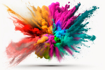 Multicolored explosion of rainbow holi powder paint isolated on white background. Generative AI