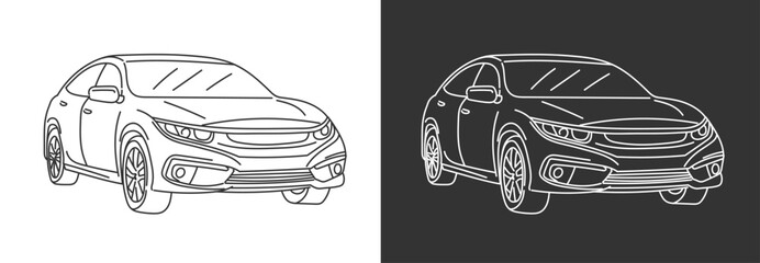 Line art vector illustration of a modern sports car isolated in black and white