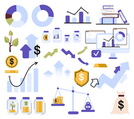 Financial illustration set. Investing money in stock market. Analyzing financial graphs, charts, success latest stock market news and other data. Stock trading concept. Vector illustration isolated