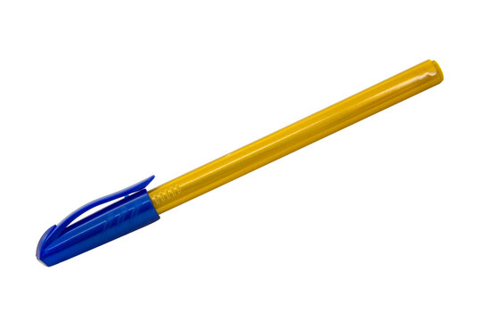 Blue ballpoint pen school write isolated on the white background