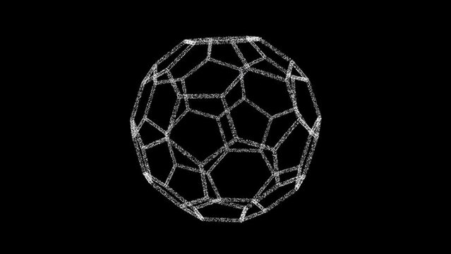 3D white polyhedral ball rotates on its axis black backdrop. Object consisting of flickering particles 60 FPS. Science tutorial concept. Abstract backdrop for logo, title, presentation. 3D animation