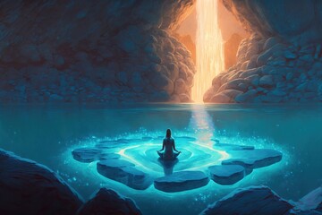 Woman medidates in lotus pose in surreal environment