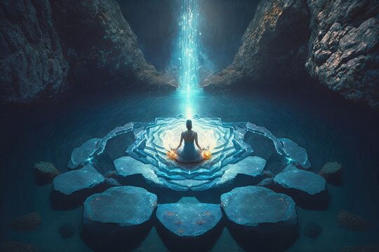Woman medidates in lotus pose in surreal environment