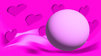 Abstract bright pink background with liquid wave, 3D flying trippy hearts and ball. backdrop. Digital wallpaper. Art fractal. Celebration card for valentine's day. Wedding template. Love in metaverse.