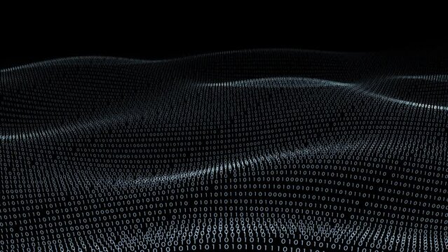 Smooth slow motion moving wavy detailed binary code on dark black copy space background animation.