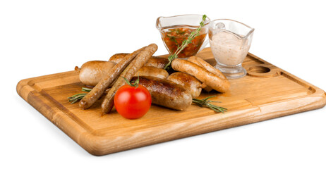 Tsty Roasted sausages on background