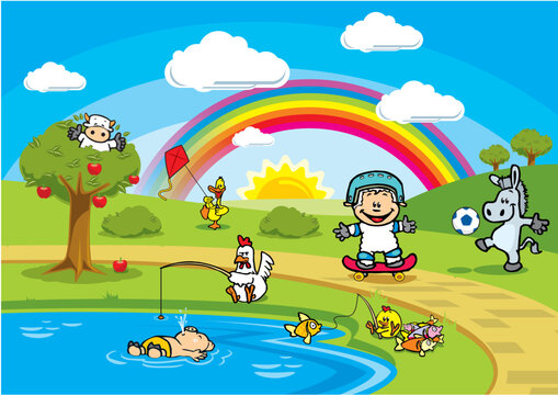 children's illustration, cartoon animals playing in a colorful landscape