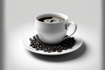 Beans and a coffee cup against a white background. Generative AI