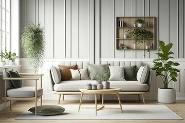 Stylish modern livingroom interior, white home decor, minimal scandinavian living room