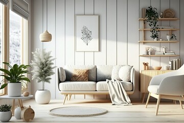 Stylish modern livingroom interior, white home decor, minimal scandinavian living room - obrazy, fototapety, plakaty