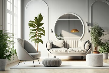 Stylish modern livingroom interior, white home decor, minimal scandinavian living room - obrazy, fototapety, plakaty