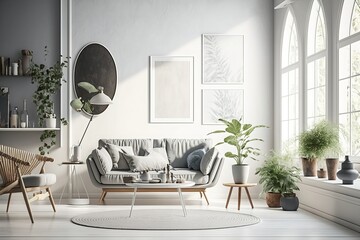 Stylish modern livingroom interior, white home decor, minimal scandinavian living room