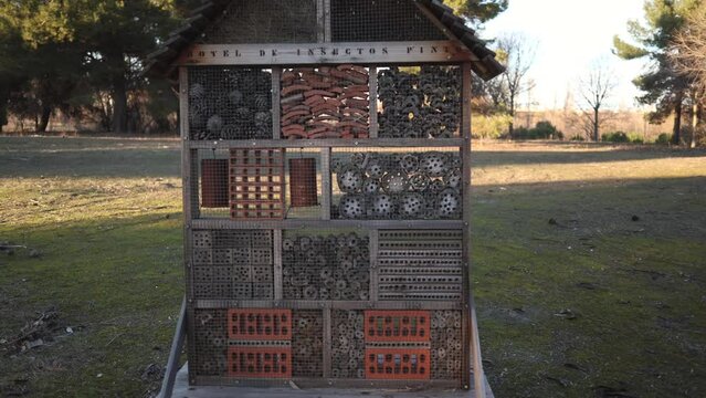 Insect hotel or pollinator house - for bees and other pollinators, close up