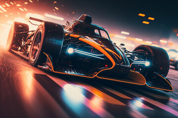 Fast sports car racing on a road with neon lights