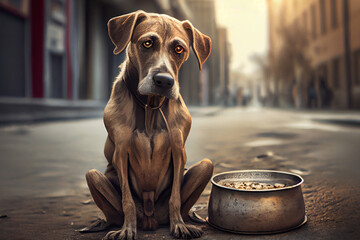 Abandoned dog on street, hungry and dirty homeless pet, Generative AI