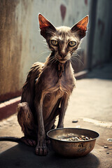 Fototapeta na wymiar Abandoned cat on street, hungry and dirty homeless pet, Generative AI
