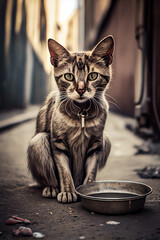 Obraz premium Stray sad and hungry cat on city street, abandoned homeless pet, generative AI