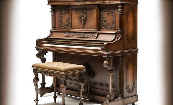 Old German upright piano with stool, isolated on white. There are both clipping pathways present. Generative AI