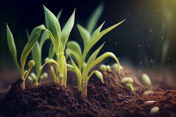 Fototapeta na wymiar Genetically modified GMO food plants growing in soil, close up macro view, Generative AI
