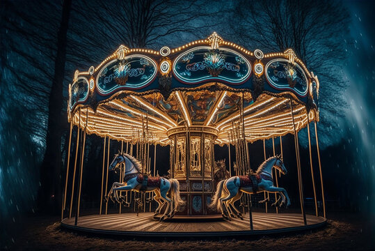 fantasy magical carousel most amazing intricate carousel in the world fairy lights tiny pixies flying in the air,generative ai.