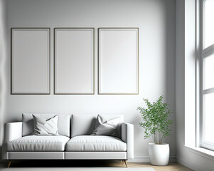 Mockup of a square poster in three frames on a blank white wall in a living room,. Generative AI