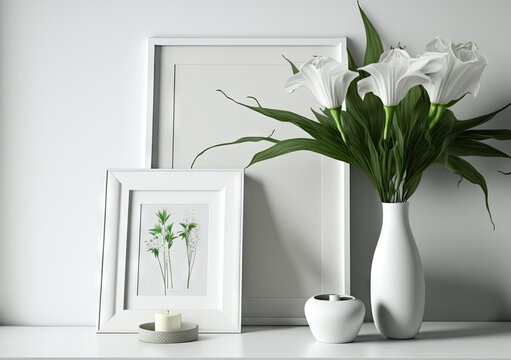 White table with clear vases, lilies and transparent tissue boxes and photo frames. Generative AI