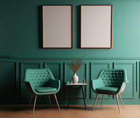 Two comfortable armchairs, a glass lattice barrier, an empty poster on a teal wall, a sideboard, and an oak wooden parquet floor are all features of this modern waiting area. contemporary minimalist s