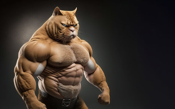 Orange provoked tom cat, looking aggressively ready to rumble and in a juiced up position holding his ground. Generative ai image of a pet cats head on a human bodybuilders body. Digital art.