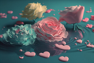 lovely pastel color roses floating on water flower petals, minimal  floral love valentine's day,generative ai.