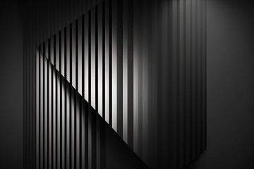  a black and white photo of a wall with vertical lines on it and a light at the end of the wall in the middle of the room.  generative ai