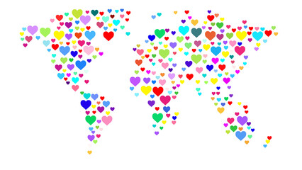 Hearts Color Map. Hearts forming world map, PNG format with transparent background.