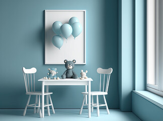 With a kids' table and chairs, soft toys, and balloons in a light blue interior with a horizontal frame mockup,. Generative AI