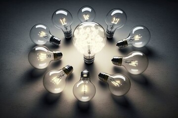 Combining Ideas - Lightbulbs lit, Glowing Thoughts, Education and Innovation, Collaboration and teamwork.