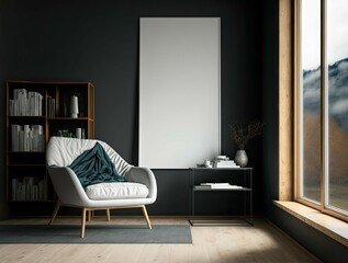 Front view on dark living room interior with empty white poster, armchair, panoramic window, books, grey wall, coffee table, oak wooden hardwood floor. Concept of minimalist design. Generative AI