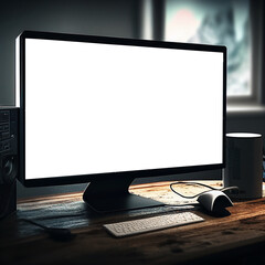 Black Computer with mouse in wooden desk