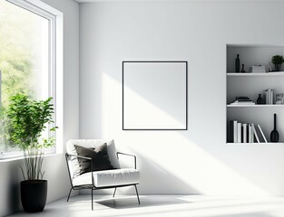 Corner view on bright living room interior with empty white poster, armchair, sofa, shelf, panoramic window, white wall, concrete floor. Minimalist design. Place for meeting. Mock up. Generative AI