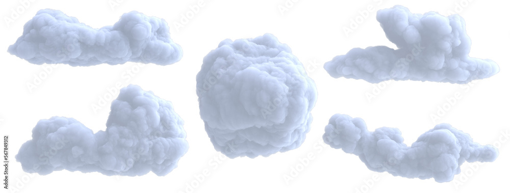 Wall mural set realistic cartoon dense wtite cloud isolated on transparent background. digital graphic element.