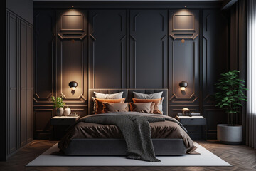Modern bedroom interior with gray and dark wooden walls, wooden floor, master bed with two round nightstands with lamps and a wardrobe with clothes. AI